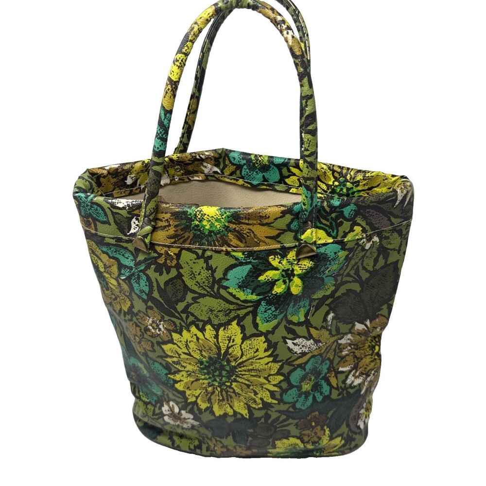 Vintage 60s 70s Shopping Tote Bag Vinyl Plastic Boho Hippie Flower Power MCM 14”